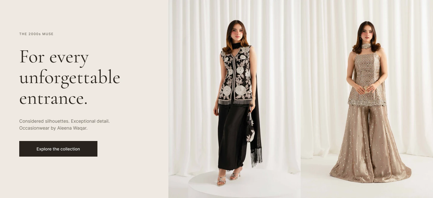 By Aleena Waqar fashion-commerce homepage design with editorial occasionwear photography