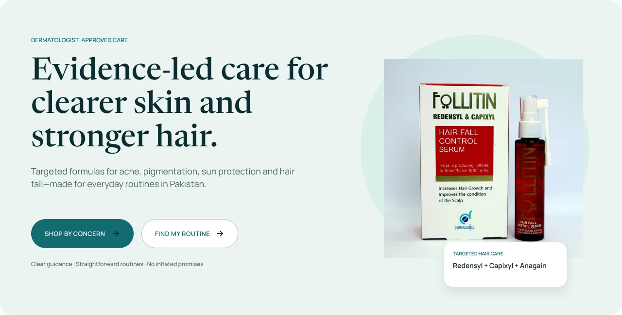 Dermalogics desktop skincare-commerce design with product-discovery actions