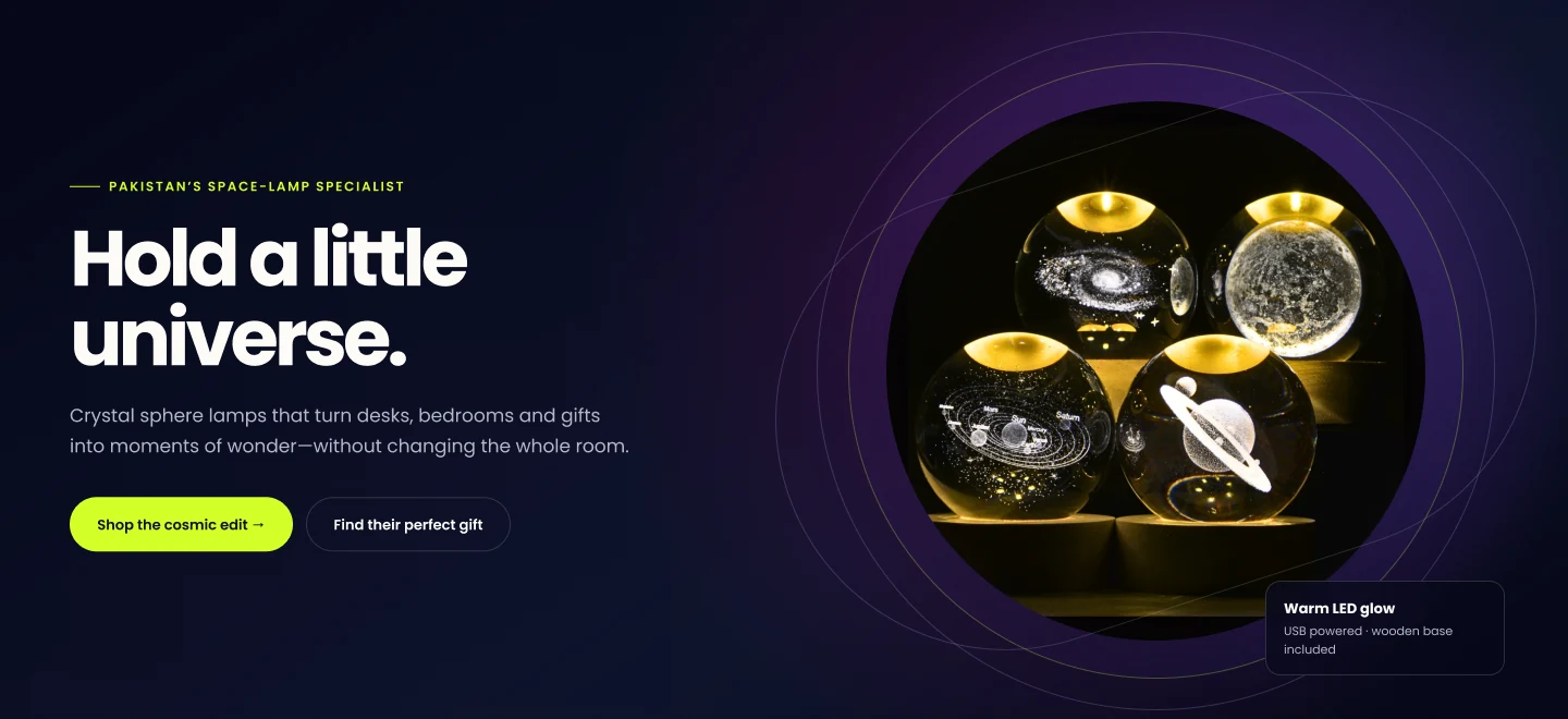 NovaSpheres cosmic gift-first ecommerce homepage design