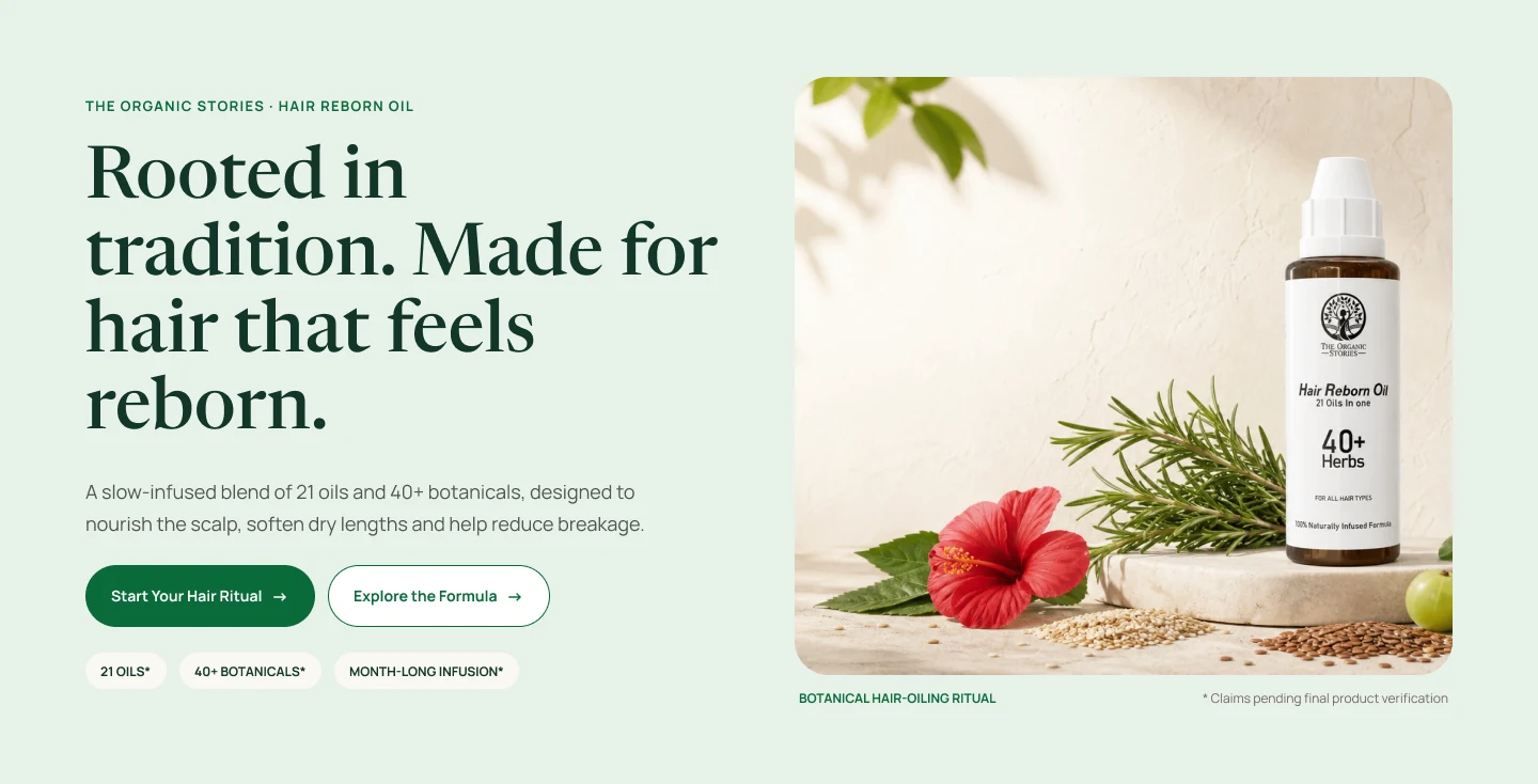 The Organic Stories hair-oil website concept in green with product imagery