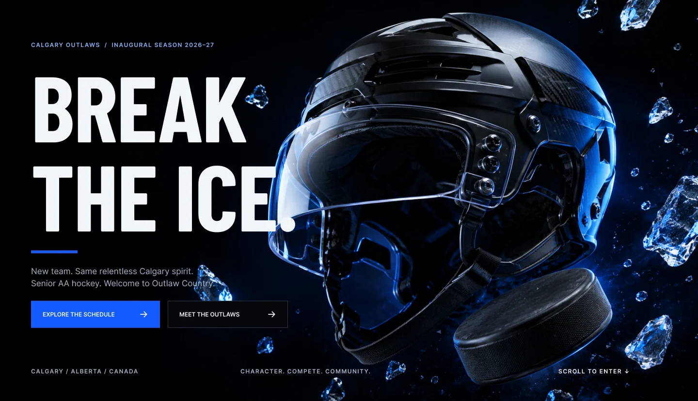 Calgary Outlaws website hero design with blue-lit hockey helmet and Break the Ice typography