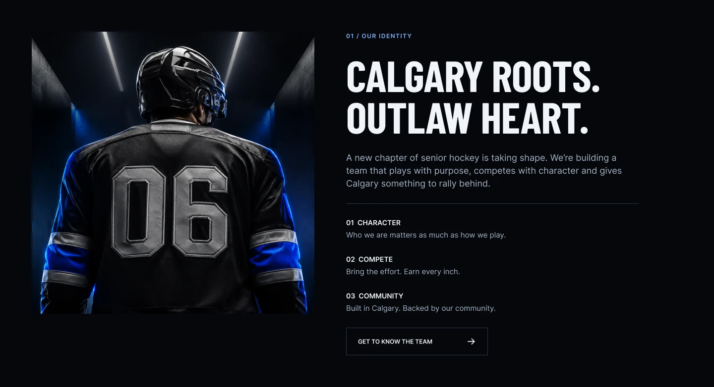 Calgary Outlaws club identity section in the website concept